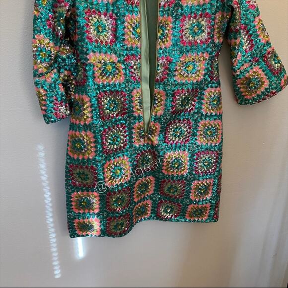 Manoush Sequin Teal Blue Unique Fitted Crochet Pattern Long Sleeve Mini Dress XS - Picture 10 of 14